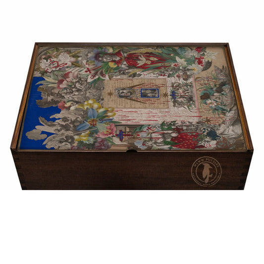 Elegant wooden puzzle box displaying Garland's Blood Collage for art enthusiasts.