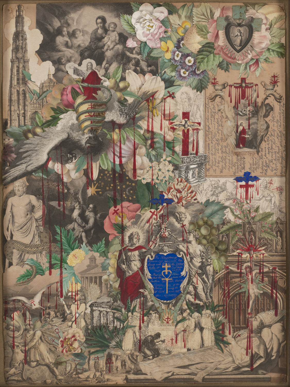 Victorian blood collage by John Bingley Garland circa 1850, featuring Baroque angels surging upward against cobalt blue sky, bleeding red ink crosses, layered botanical flowers, skulls at the base, and dense manuscript text on aged paper backing.