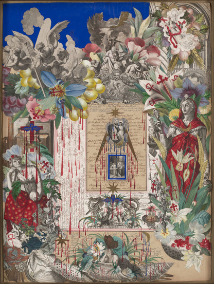 Victorian blood collage by John Bingley Garland circa 1850, featuring an explosive gold starburst at center, coiling serpent, Baroque angels in turbulent cloud, blue botanical flowers, skulls, and dense handwritten sermon text alongside red ink blood drips on aged paper.