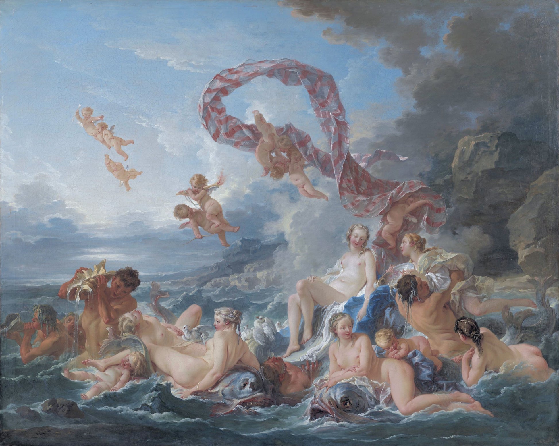 Wooden jigsaw puzzle featuring The Triumph of Venus by François Boucher, showcasing Rococo elegance with cherubs, sea nymphs, and the goddess Venus, crafted with eco-friendly materials for art collectors.