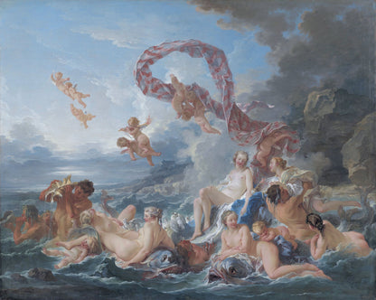 Wooden jigsaw puzzle featuring The Triumph of Venus by François Boucher, showcasing Rococo elegance with cherubs, sea nymphs, and the goddess Venus, crafted with eco-friendly materials for art collectors.