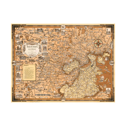 Detailed illustration map of Boston and suburbs by Chase, 1938, with historical landmarks.