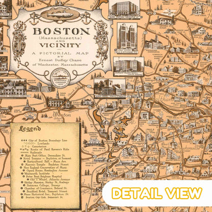 Close-up of Boston landmarks in intricate detail from Chase's 1938 map.