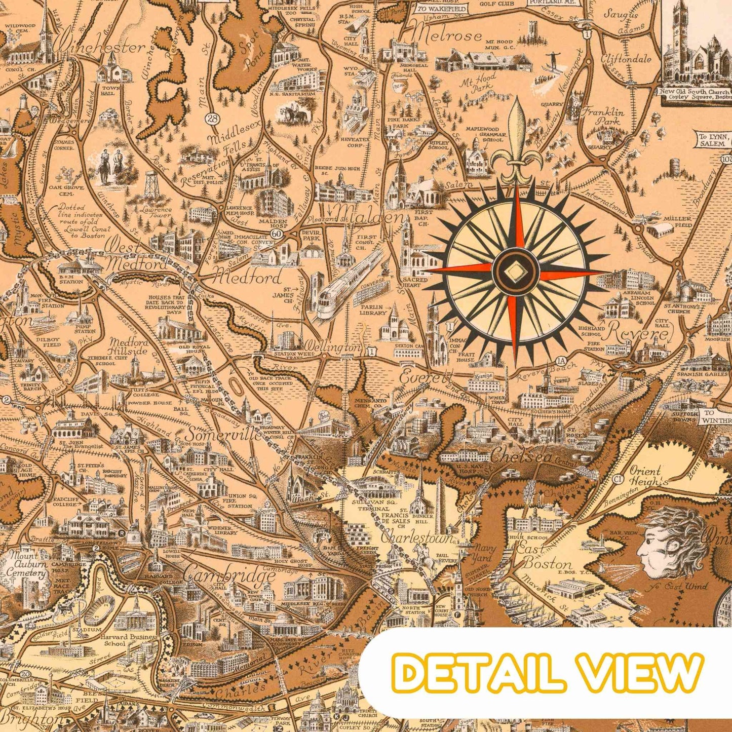 Detail of boston harbor and downtown from boston and vicinity massachusetts color pictorial map