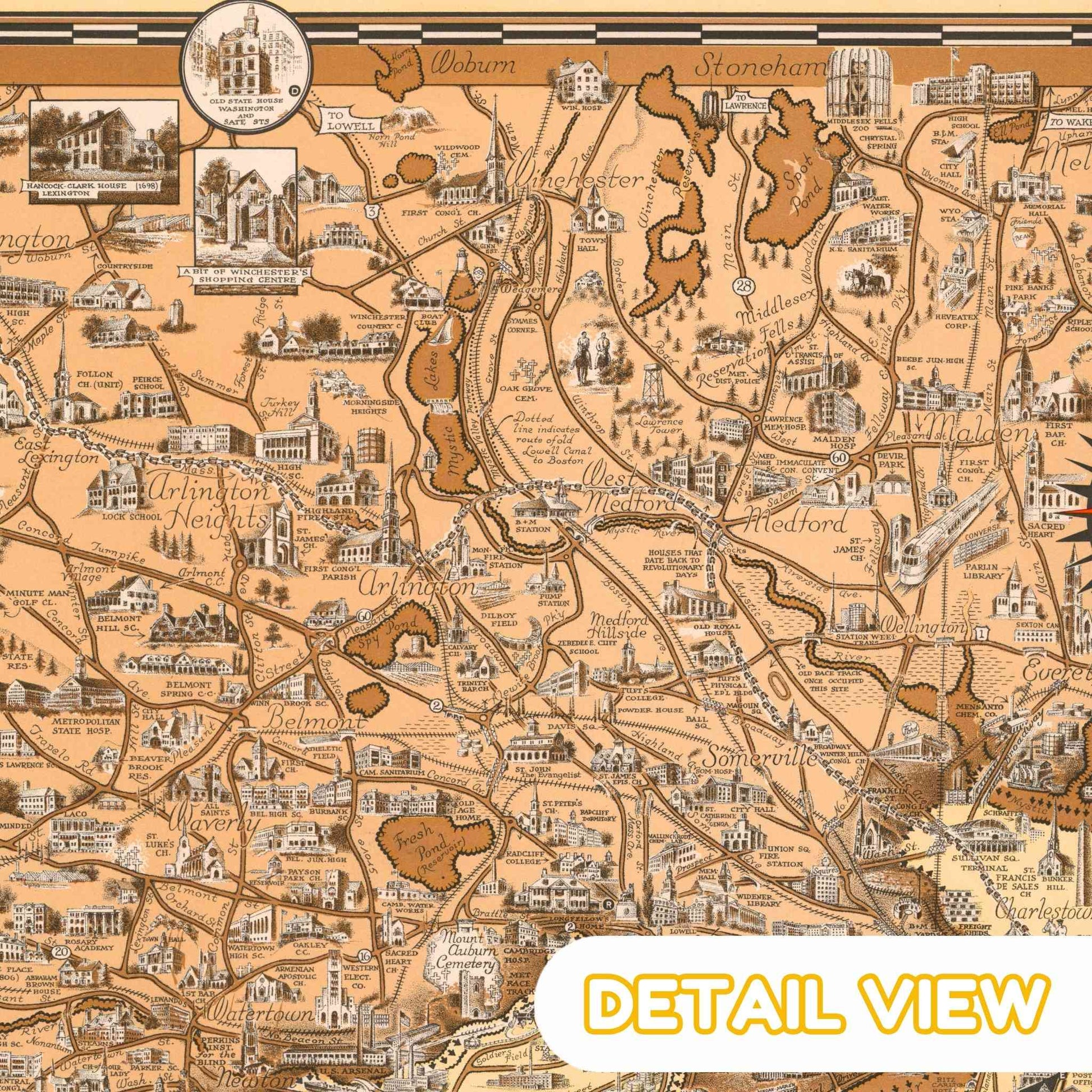 Detail of Boston harbor and downtown from Boston Massachusetts color pictorial map with ships bridges and buildings