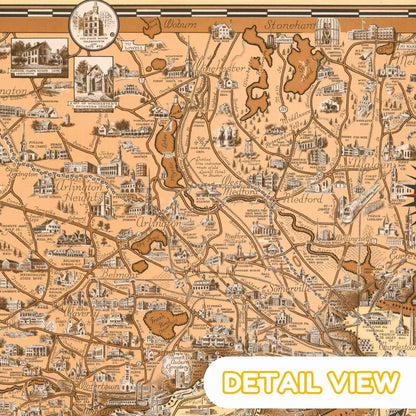 Detail of Boston harbor and downtown from Boston Massachusetts color pictorial map with ships bridges and buildings