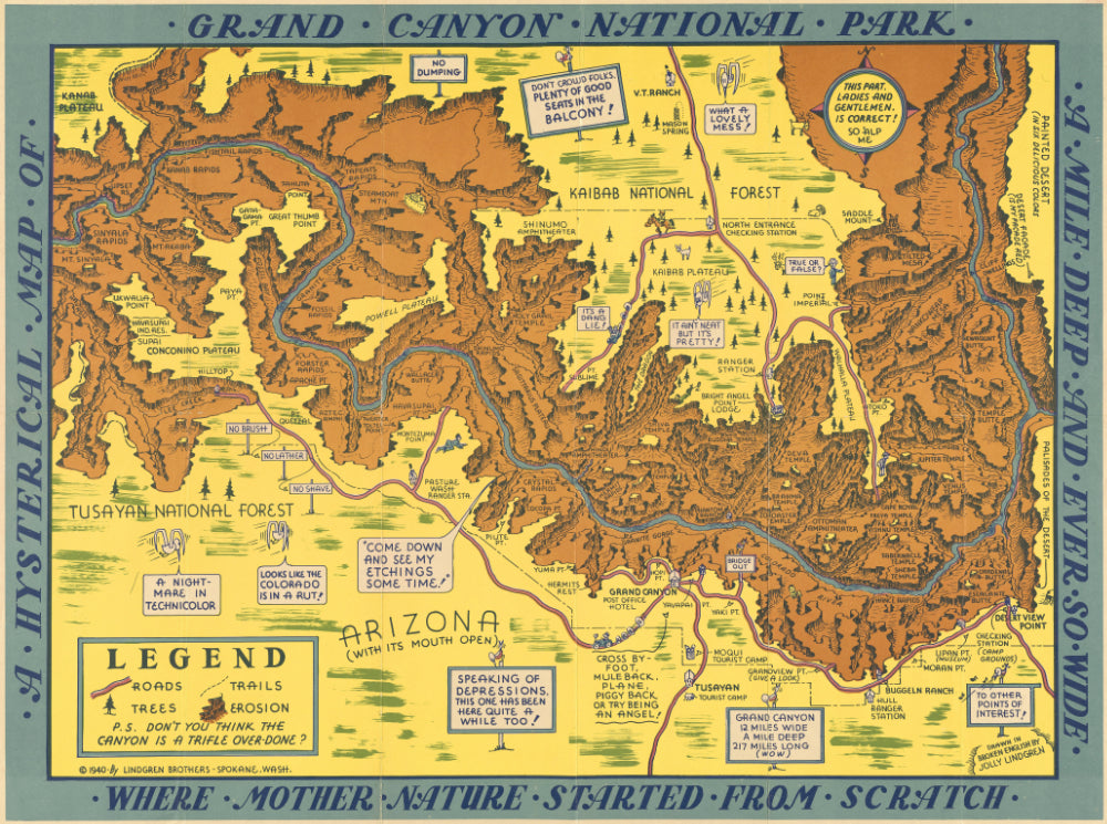 Colorful and cartoonish map by Lindgren of the Grand Canyon with caricatures and vibrant details