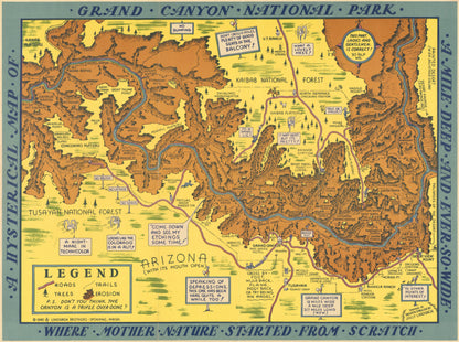 Colorful and cartoonish map by Lindgren of the Grand Canyon with caricatures and vibrant details