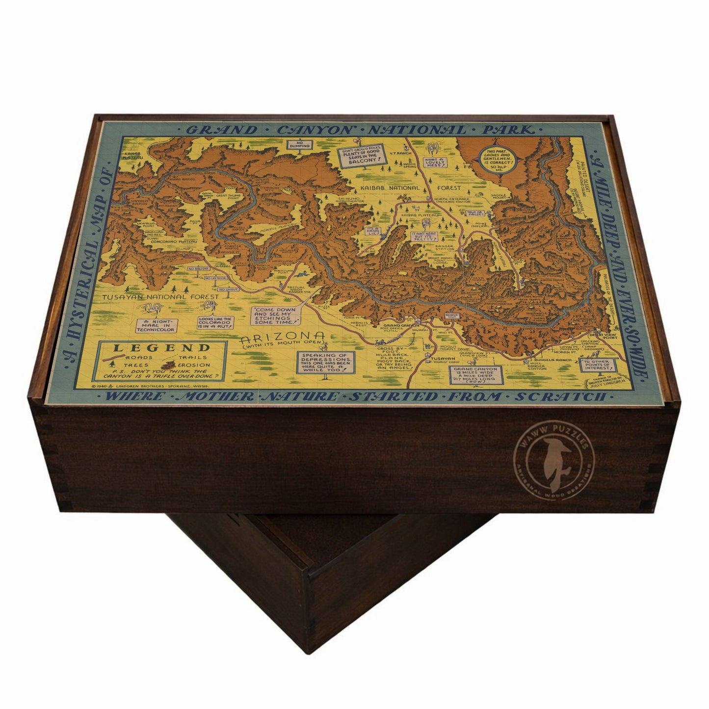 Wooden puzzle box featuring the Lindgren Brothers’ Hysterical Map artwork