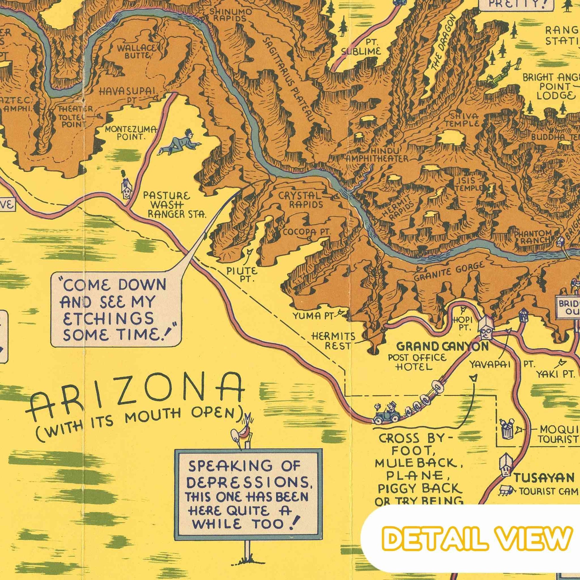 Detail of grand canyon from arizona. Vintage colorful pictorial map with rivers cliffs and hiking trails