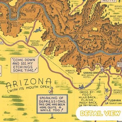 Detail of grand canyon from arizona. Vintage colorful pictorial map with rivers cliffs and hiking trails