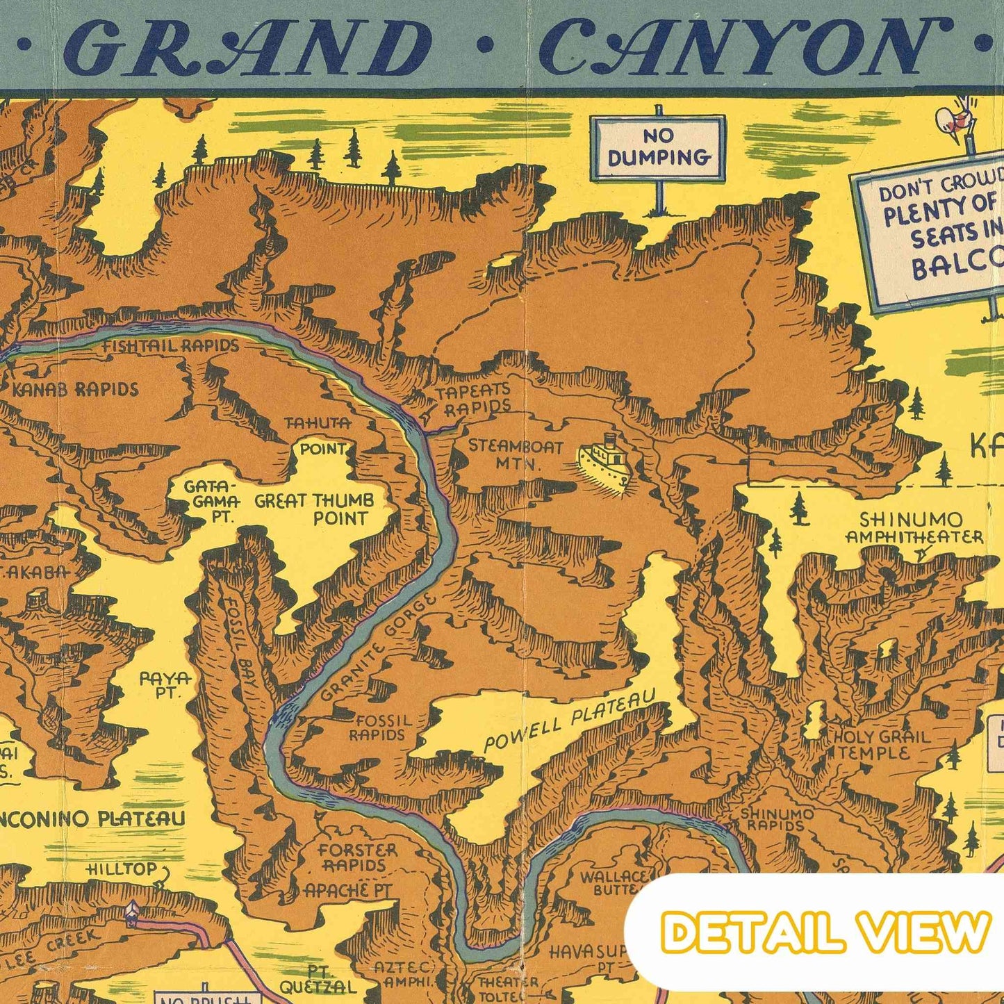 Close-up of vibrant caricature scenes and cartoonish icons dotting the Grand Canyon map