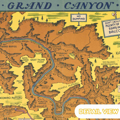 Close-up of vibrant caricature scenes and cartoonish icons dotting the Grand Canyon map