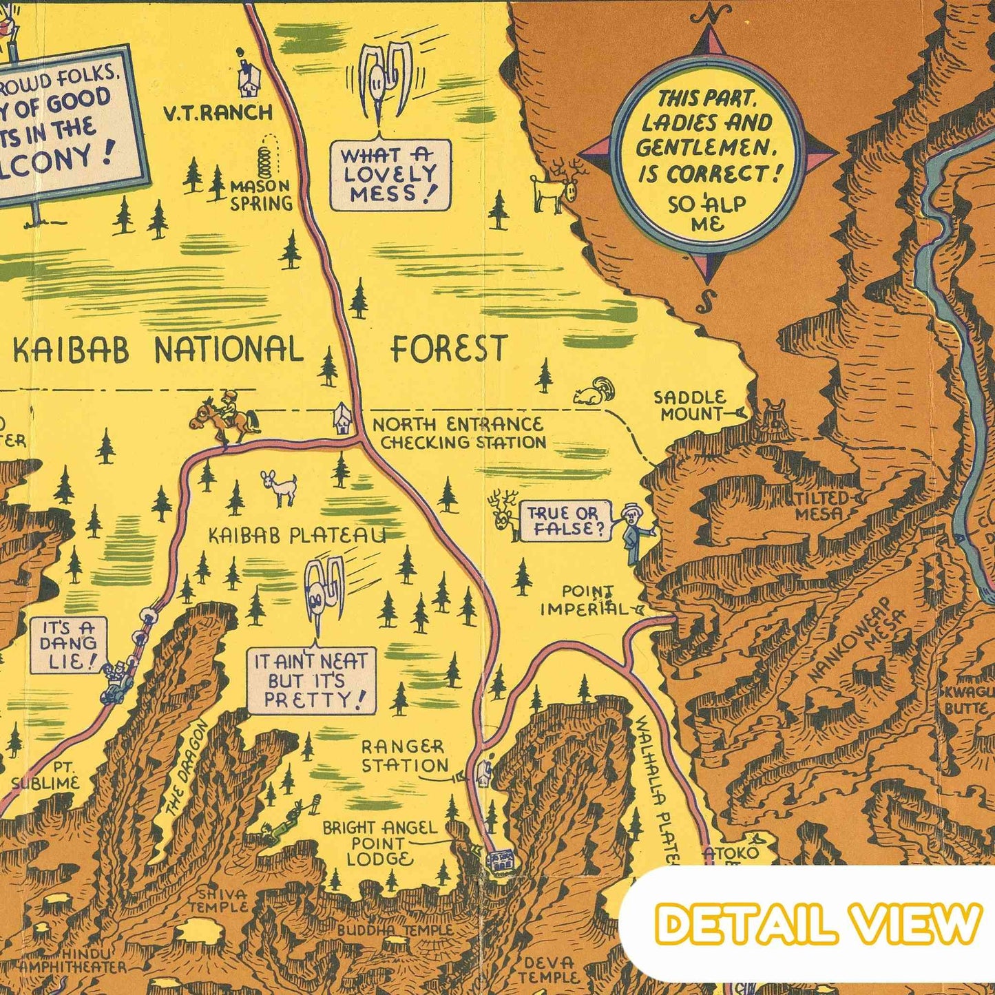 Cartoon-style map of Kaibab National Forest with humorous text. Close-up of vibrant caricature scenes and cartoonish icons dotting the Grand Canyon map.