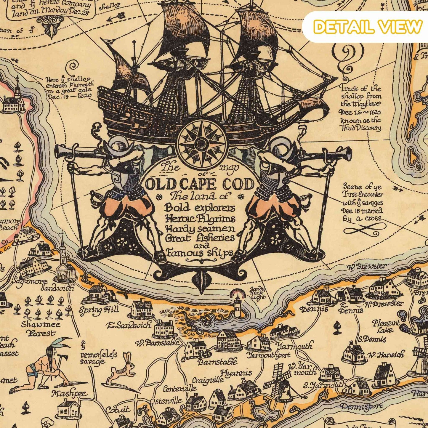 Close-up of ornate compass rose and whimsical pirates and ships on the Cape Cod map.