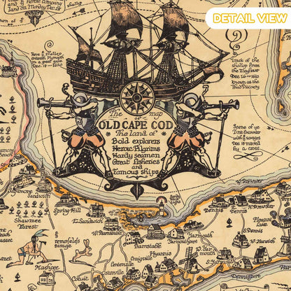 Close-up of ornate compass rose and whimsical pirates and ships on the Cape Cod map.