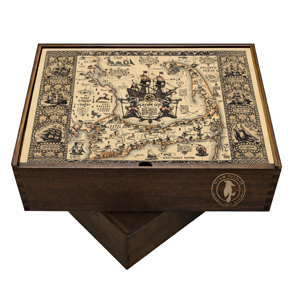 Artisanal wooden puzzle box featuring Waugh's Map of Old Cape Cod artwork.