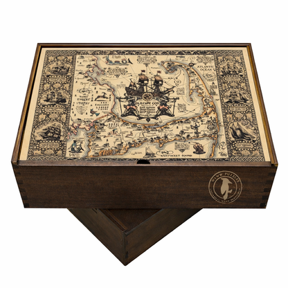 Artisanal wooden puzzle box featuring Waugh's Map of Old Cape Cod artwork.