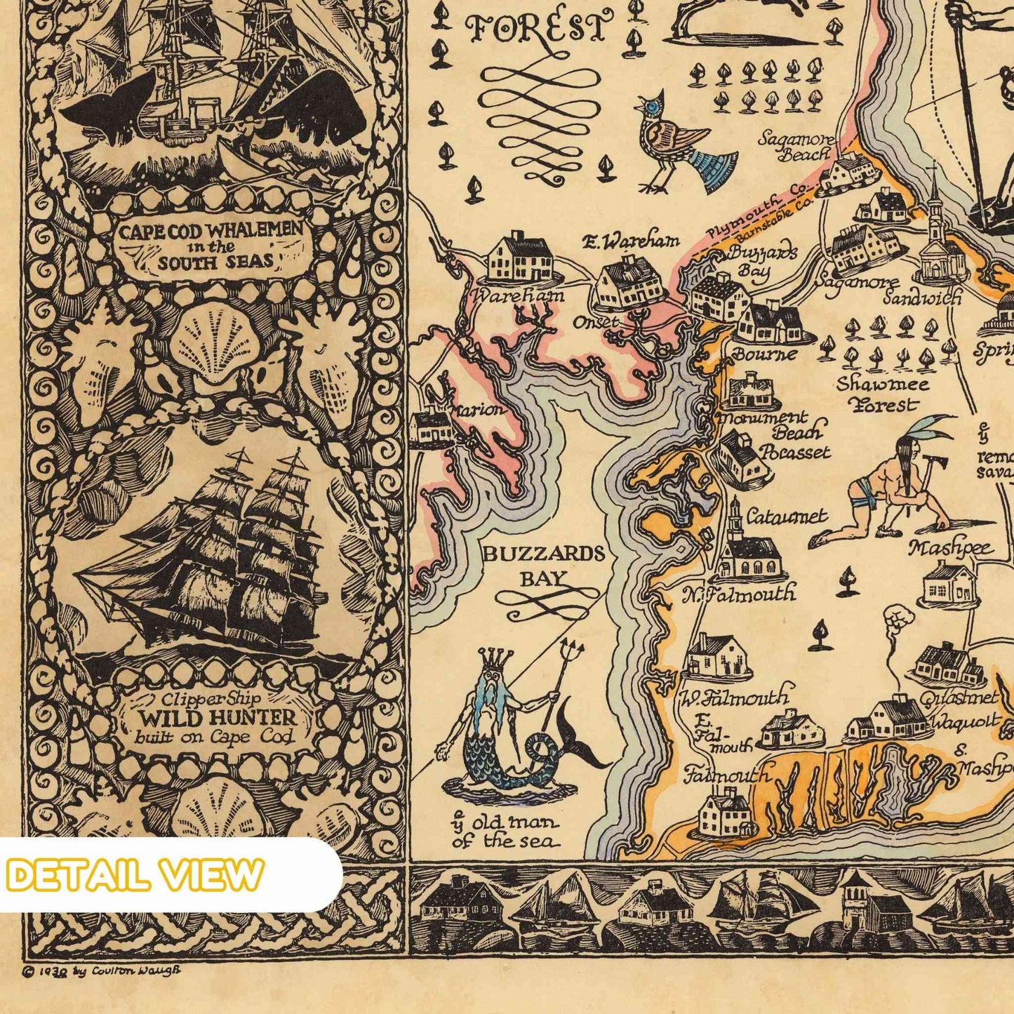 Detail of historic ship illustration and Cape landmarks on Waugh's map.