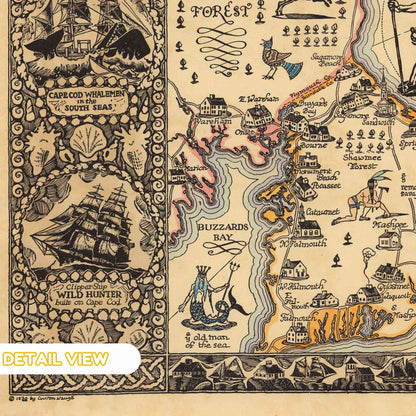 Detail of historic ship illustration and Cape landmarks on Waugh's map.