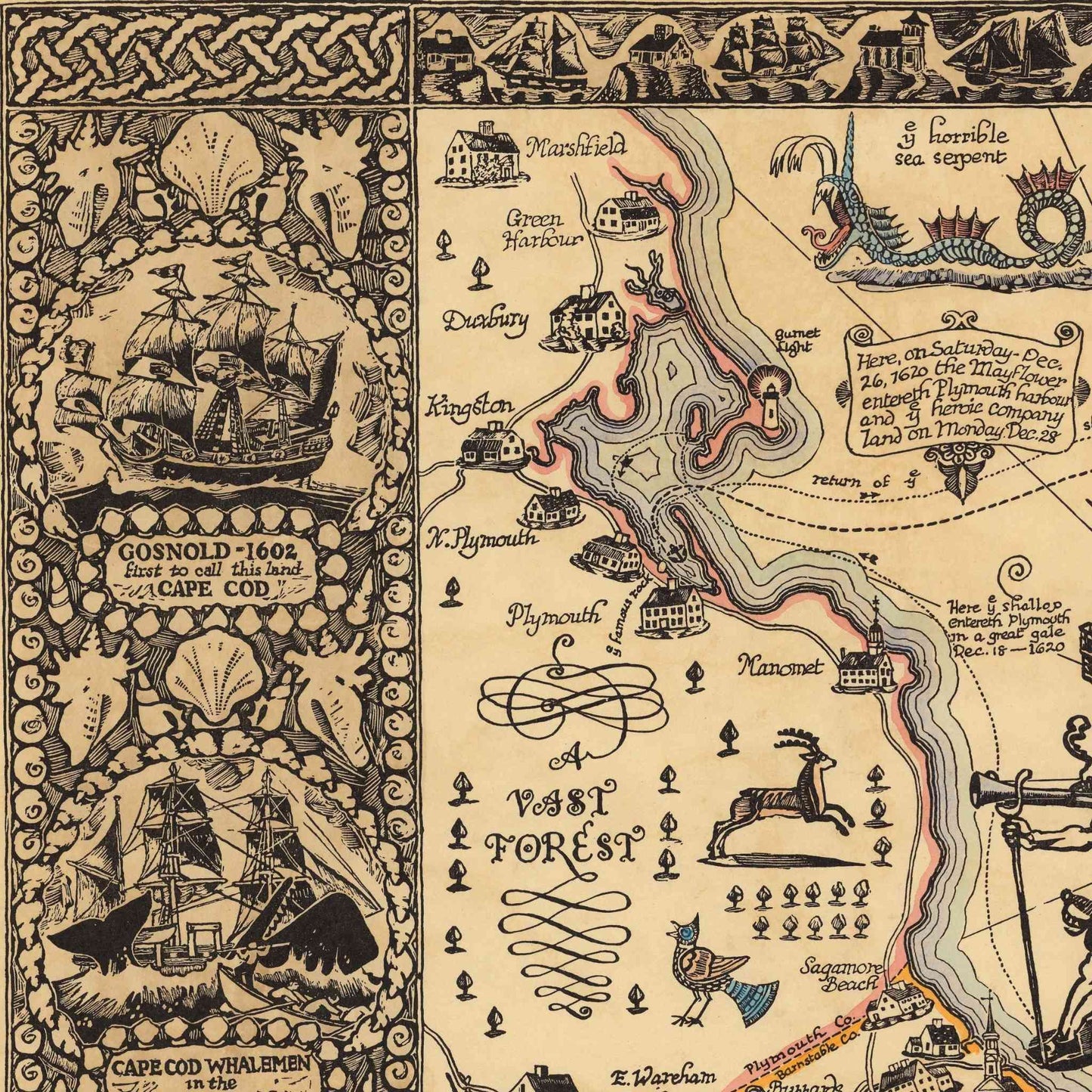 Decorative map of Cape Cod with ships, buildings, and text on a beige background