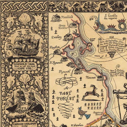 Decorative map of Cape Cod with ships, buildings, and text on a beige background