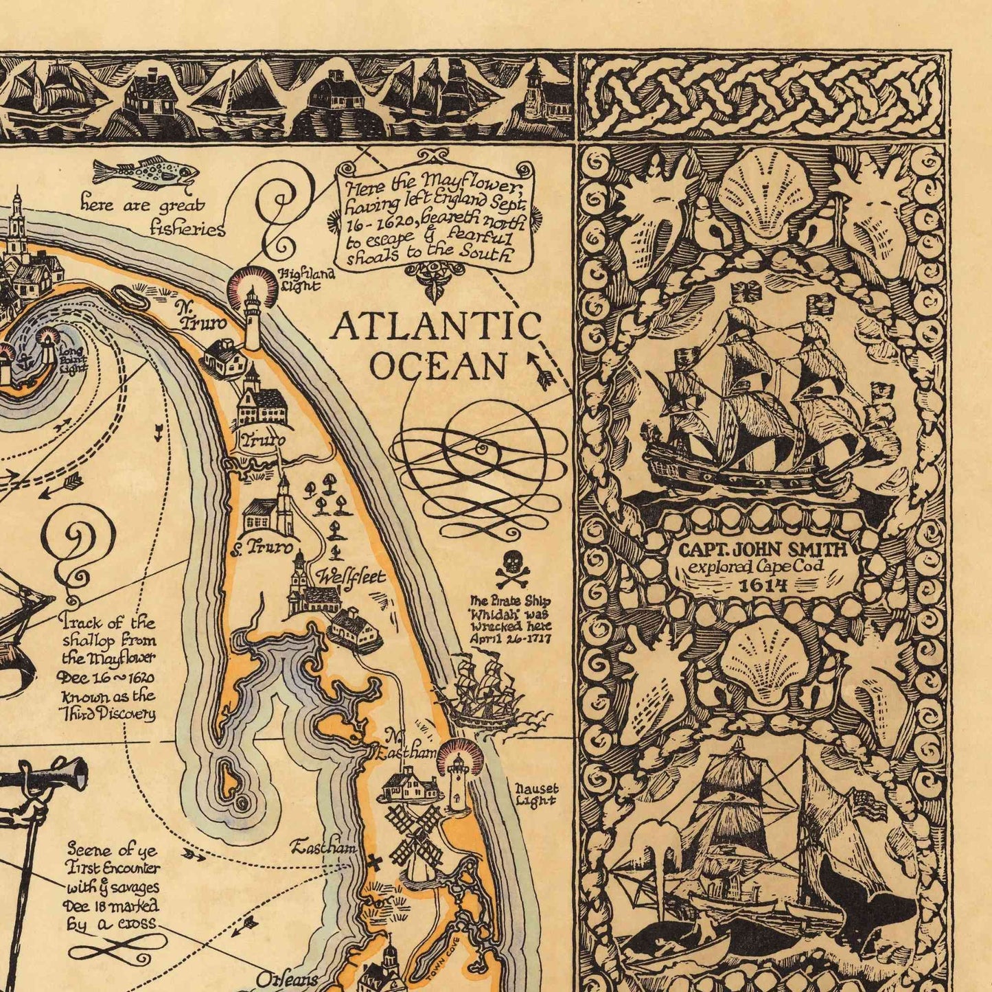 Vintage-style map of the Atlantic Ocean with decorative elements and ship illustrations.