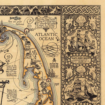 Vintage-style map of the Atlantic Ocean with decorative elements and ship illustrations.