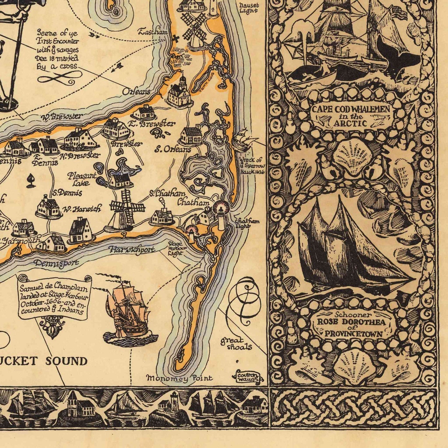 Vintage map of Cape Cod with illustrations and text. Detail of historic ship illustration and Cape landmarks on Waugh's map.