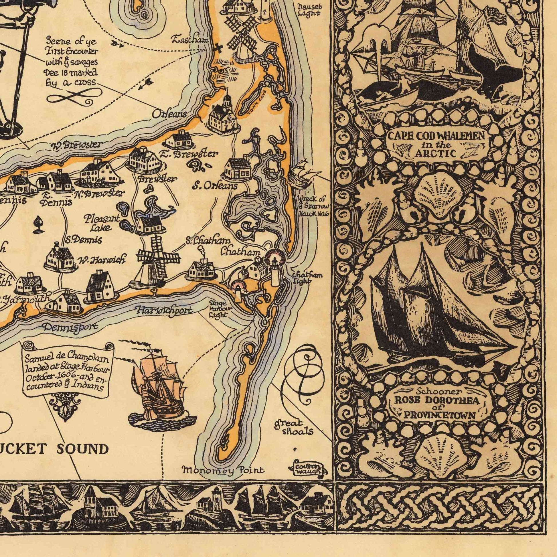 Vintage map of Cape Cod with illustrations and text. Detail of historic ship illustration and Cape landmarks on Waugh's map.