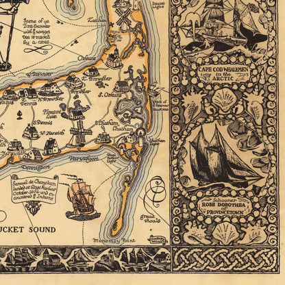 Vintage map of Cape Cod with illustrations and text. Detail of historic ship illustration and Cape landmarks on Waugh's map.
