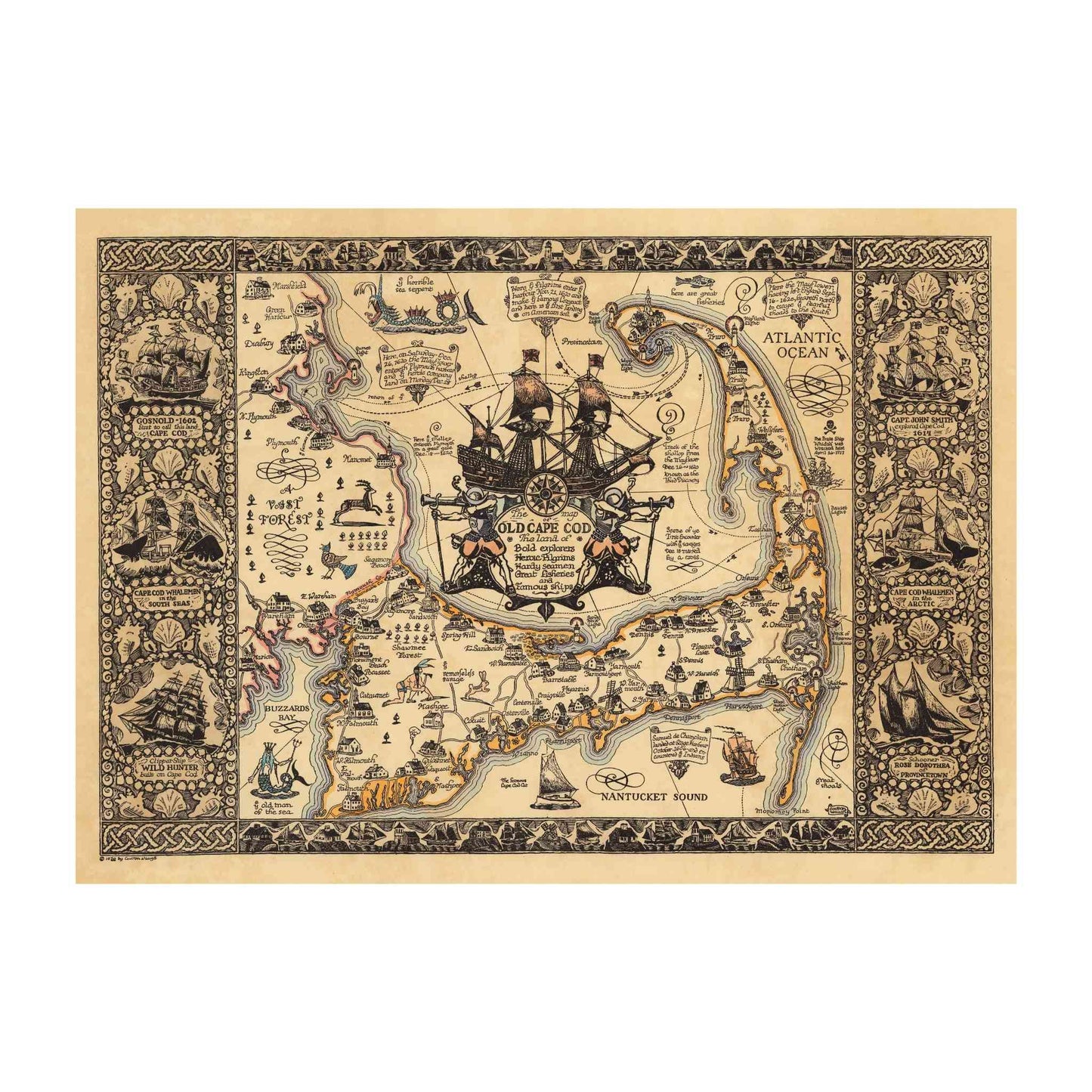 Coulton Waugh's vintage map of Cape Cod with ships, landmarks, and decorative elements.