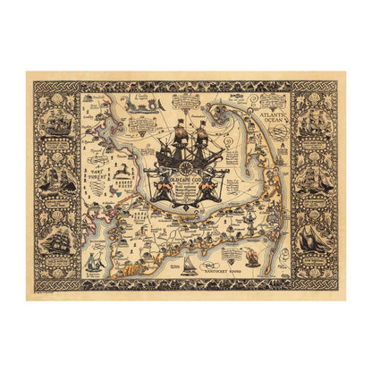 Coulton Waugh's vintage map of Cape Cod with ships, landmarks, and decorative elements.