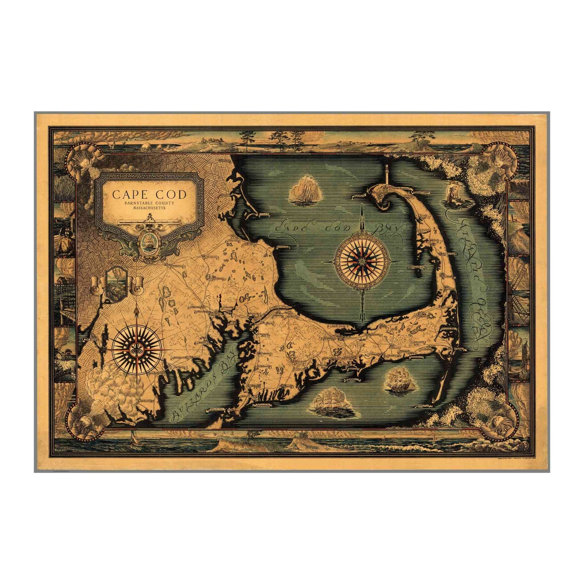 B. Ashburton Tripp's 1930s map of Cape Cod with detailed coastal motifs and landmarks.