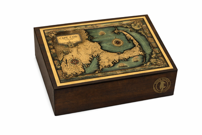 Premium wooden puzzle box featuring Tripp's Cape Cod map artwork elegantly displayed.