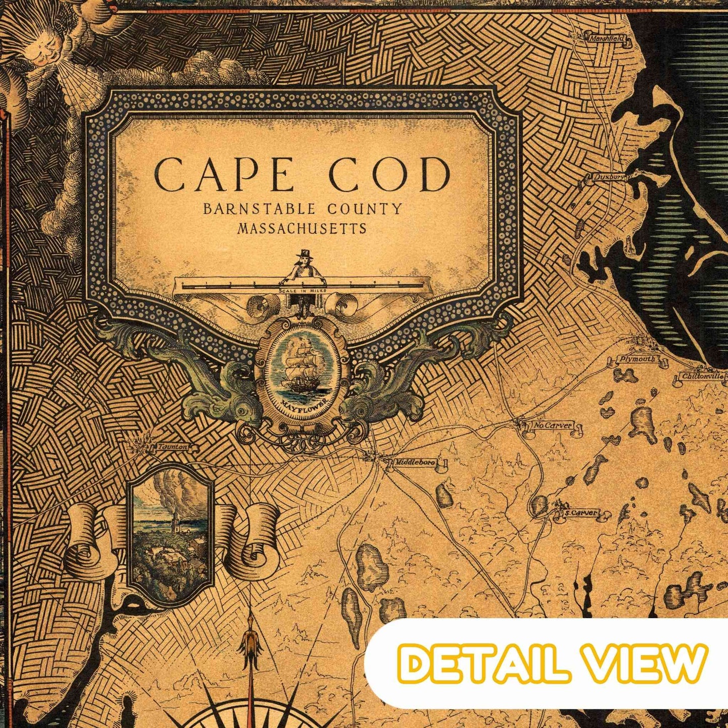 Close-up of Cape Cod map's ornate borders with maritime motifs and historical annotations.
