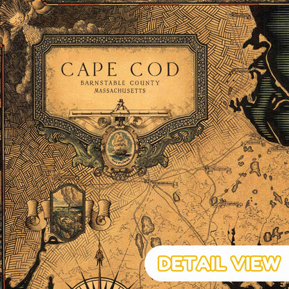 Close-up of Cape Cod map's ornate borders with maritime motifs and historical annotations.