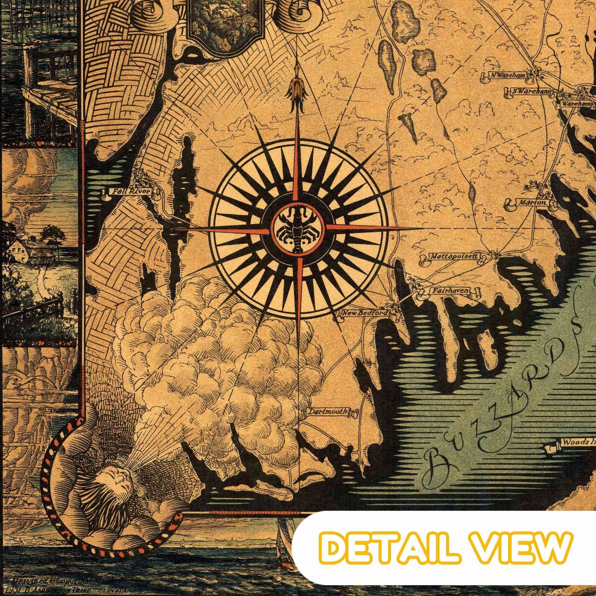 Vintage-style map with a compass rose and decorative elements. Ashburton Tripp's 1930s map of Cape Cod.