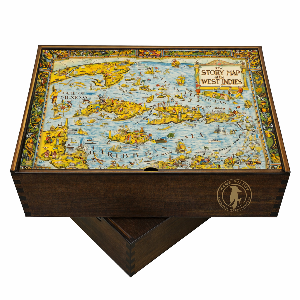 Wooden puzzle box with a map design on the lid featuring the 'Story Map West Indies' title.