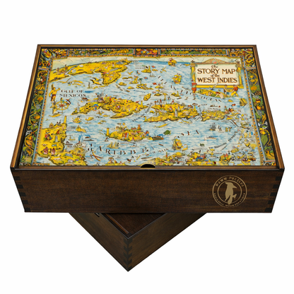 Wooden puzzle box with a map design on the lid featuring the 'Story Map West Indies' title.