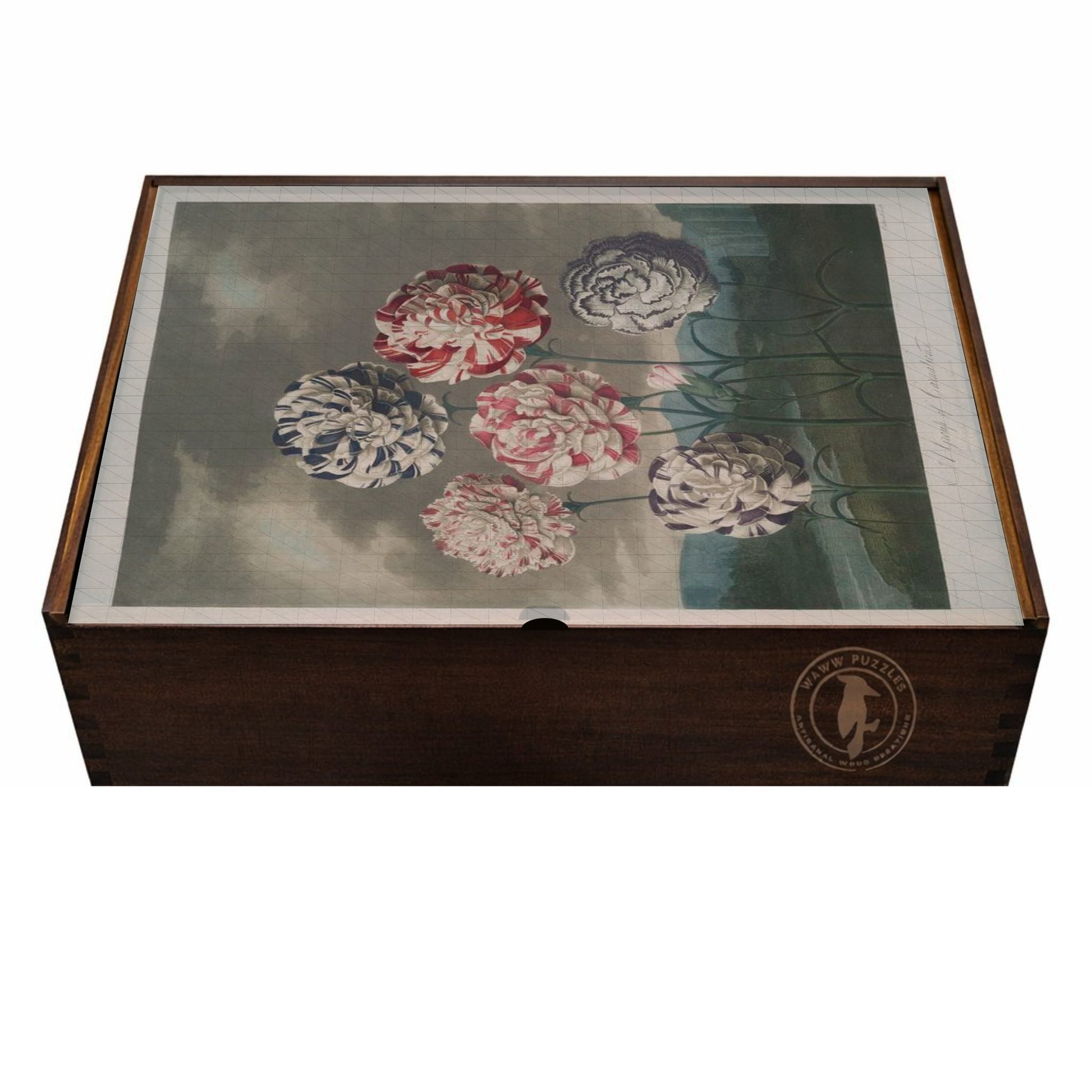 Exquisite wooden puzzle box featuring Thornton's botanical masterpiece