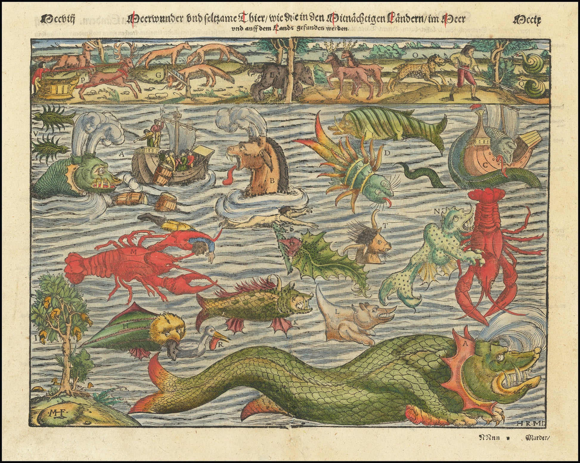 Münster's 16th-century map of Scandinavia with elaborate sea monsters and Nordic regions