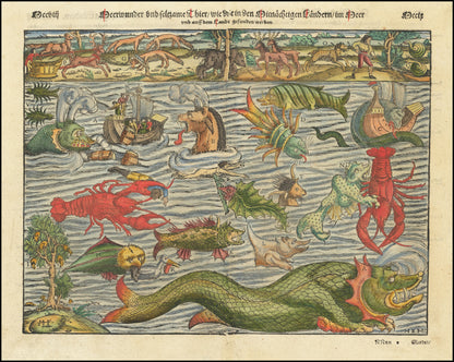 Münster's 16th-century map of Scandinavia with elaborate sea monsters and Nordic regions