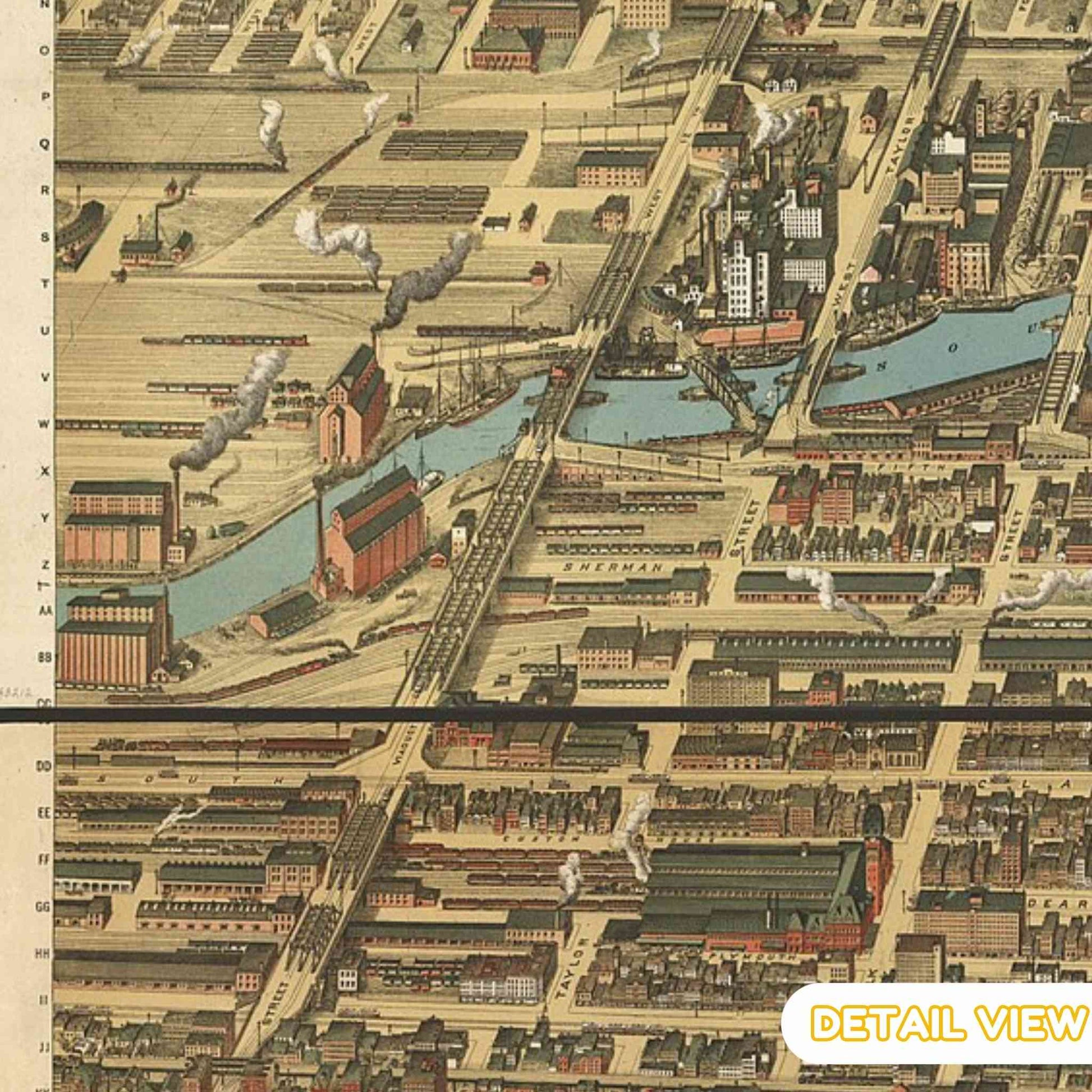 Detail of downtown Chicago from Poole wooden jigsaw puzzle colored pictorial map showing buildings streets and Lake Michigan shoreline