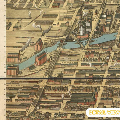 Detail of downtown Chicago from Poole wooden jigsaw puzzle colored pictorial map showing buildings streets and Lake Michigan shoreline