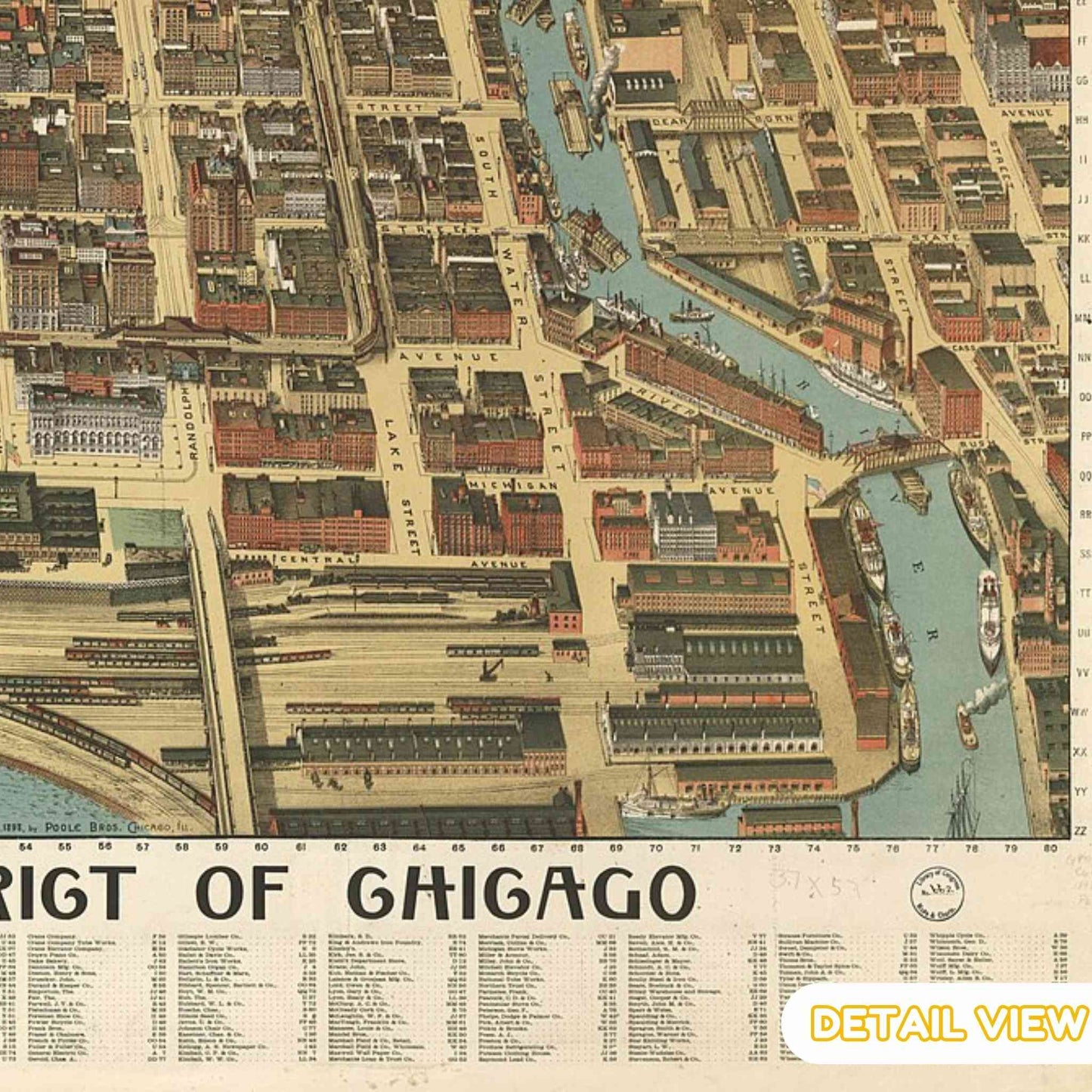 Detail of chicago skyline and lake michigan from 1898 bird's eye view of chicago illinois sepia pictorial map