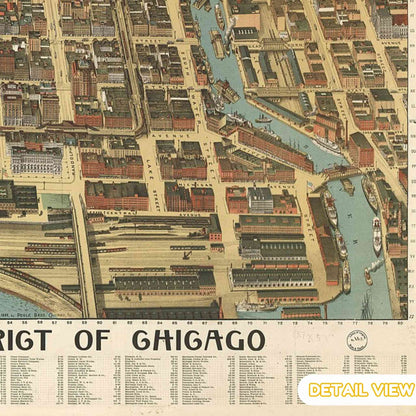 Detail of chicago skyline and lake michigan from 1898 bird's eye view of chicago illinois sepia pictorial map