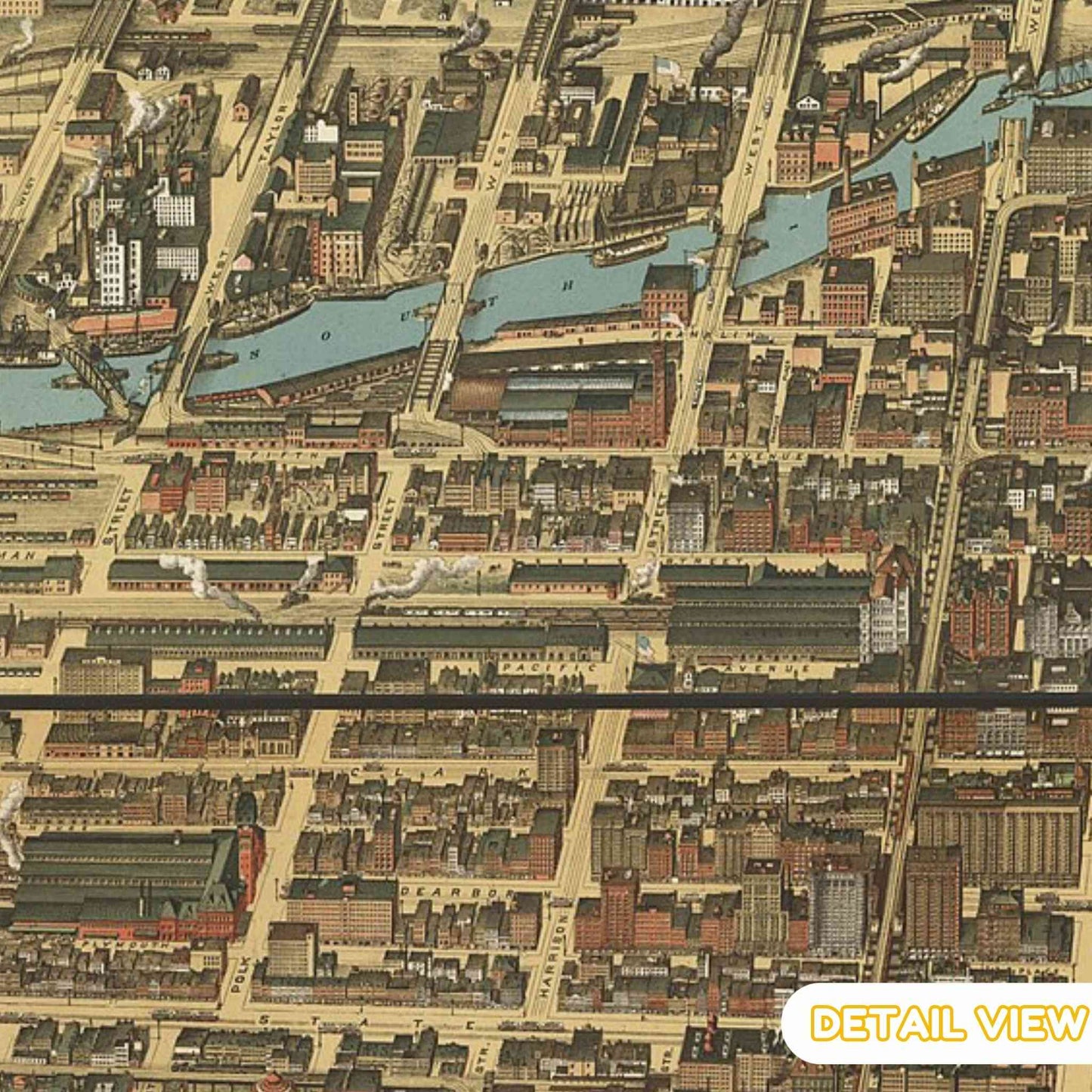 Detailed view of Chicago's street grids near the bustling waterfront area.