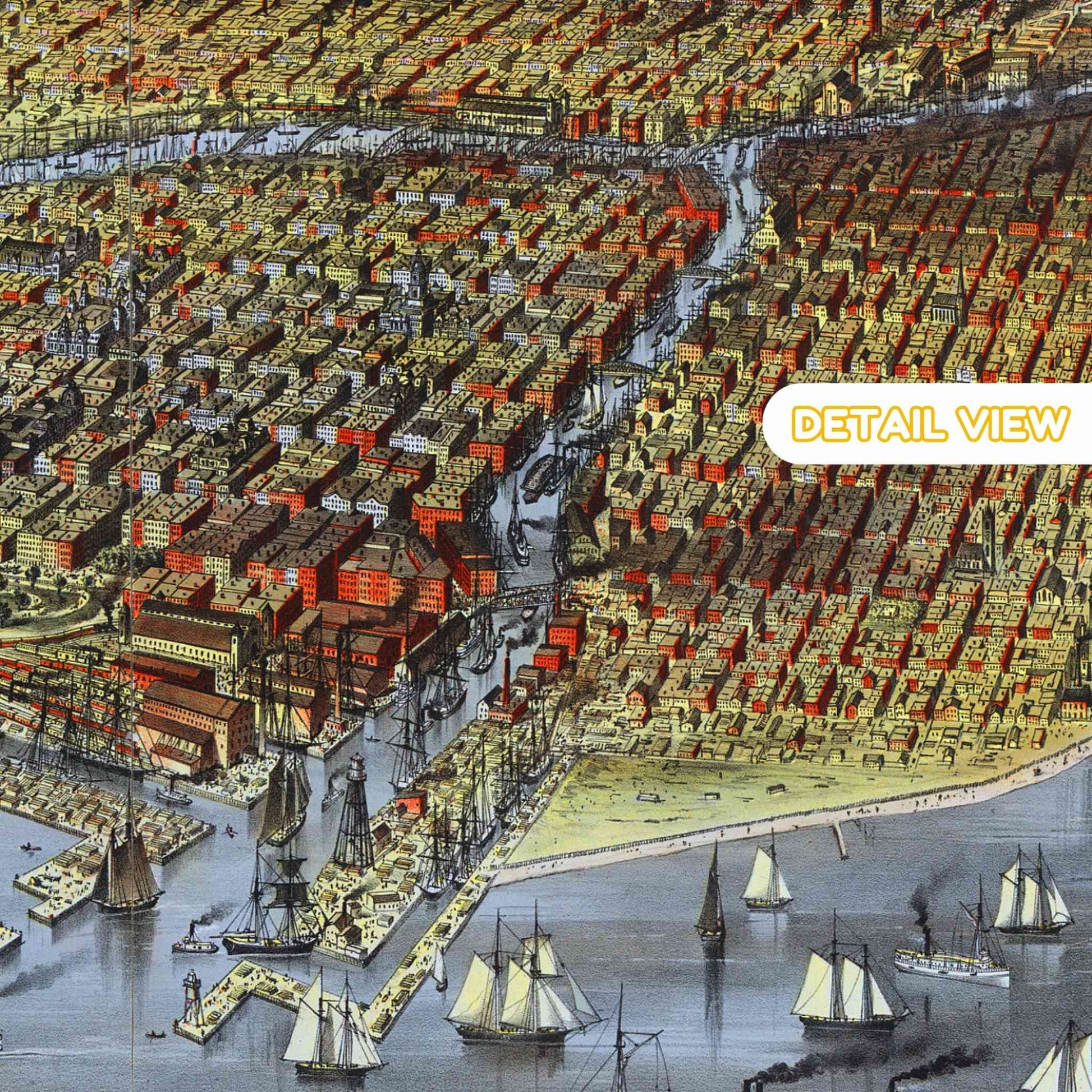 Close-up of bustling Chicago River with detailed ships and buildings