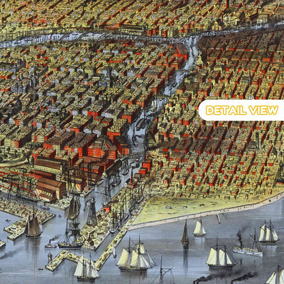 Close-up of bustling Chicago River with detailed ships and buildings